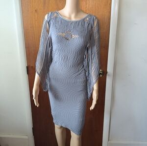 Poof Gray Lace Bodycon Dress With Fringe Style Sleeves Women's Size Medium